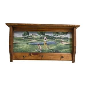 Vtg Vintage Wood Shelf Golf Course Golfing Coat Rack 3 Hook HOME OFFICE ORGANIZE